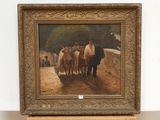 a painting of a man leading a group of cows down a road