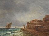 un tableau représentant un bateau sur l'eau près d'un château