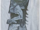 painting of a black and white image of a man ' s face on a piece of wood