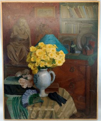 a painting of a vase of flowers on a table