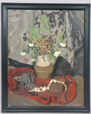 une peinture représentant un vase de fleurs sur une table