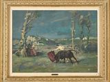 une image représentant un tableau où l'on voit un taureau et une femme dans un champ