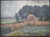 an oil painting of a field with a hay stack in the foreground