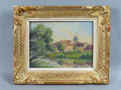 an image of a painting of a church on a hill