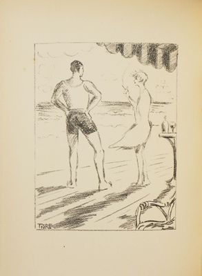 un dessin représentant un homme et une femme debout sur la plage