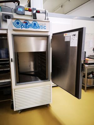 une image d'un réfrigérateur commercial dans une cuisine