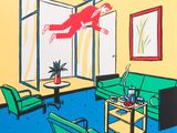painting of a living room with a couch, chair, coffee table, and a man in the air