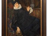 painting of a woman in a black dress sitting on a couch with a cat
