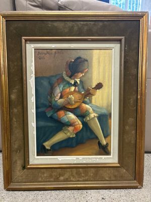 painting of a woman sitting on a couch playing a guitar