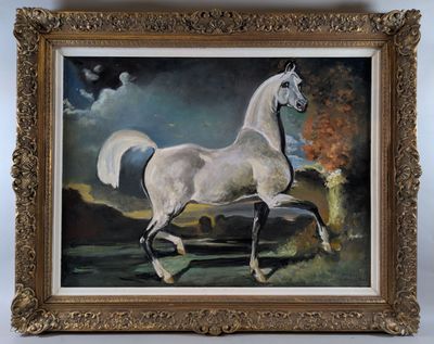 a painting of a white horse running in a field
