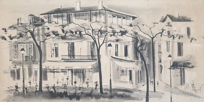 drawing of a large building with a clock on the top of it