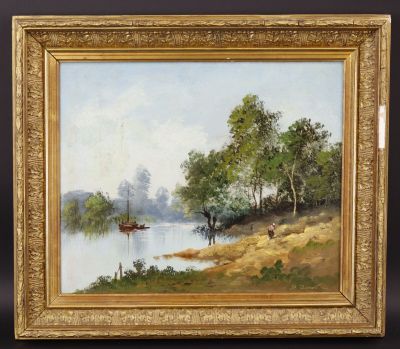 P. DUVAL (école XIXe): "Paysanne au bord de la rivière", hui…