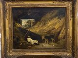 tableau représentant deux chiens et un chat dans un paysage, avec un chien en laisse
