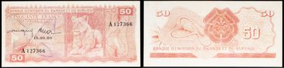 two different pictures of a red and white bank note with a picture of a woman on it