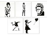 four black and white images of a girl with a balloon and a girl with a balloon