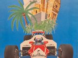a poster of a racing car with a city in the background