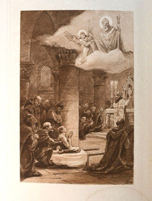 un dessin représentant une scène religieuse dans une église