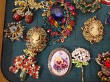 a lot of brooches and brooches on a tray