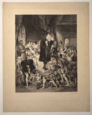 un vieux dessin en noir et blanc représentant un homme debout devant un groupe de personnes