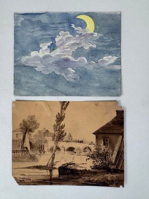 two paintings on the wall of a room with a clock