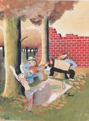 a painting of a group of people playing a game of accordions