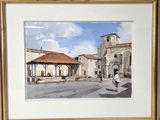 painting of a man walking down a street in front of a building
