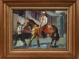 tableau représentant un homme à cheval dans une rue, avec un autre homme marchant derrière lui