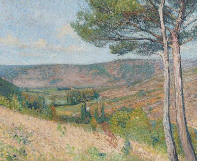 peinture représentant une vue d'une vallée avec un arbre solitaire au premier plan