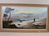 painting of a man standing on a beach with a sailboat in the distance
