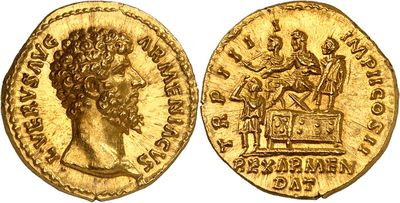 a gold coin with an image of a woman and a man on it