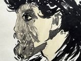 a black and white drawing of a man in a top hat