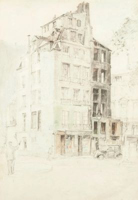 drawing of an old building with a car parked on the street in front of it