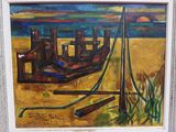a picture of a painting of a boat on the beach