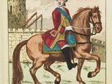drawing of a man riding a horse in a field with a castle in the background