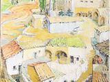 tableau représentant une vue d'un village avec le clocher d'une église au loin