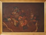 peinture d'une nature morte de fleurs et de fruits sur une table