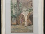 an image of a painting of a man and a woman standing in front of a building