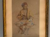 painting of a woman sitting on a stool with a dog in her lap