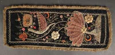 une image montrant un gros plan d'un morceau de tissu orné de fleurs et d'oiseaux
