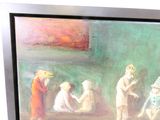 un tableau représentant un groupe de personnes assises dans une pièce