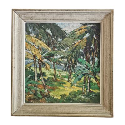 une peinture à l'huile représentant un paysage de montagne avec des arbres et de l'herbe