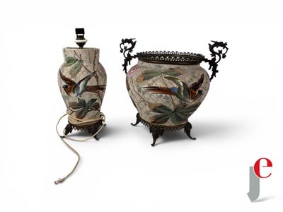 two vases with birds painted on them on a white background