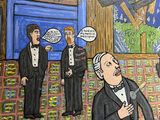 a painting of a man in a tuxedo speaking to a group of people