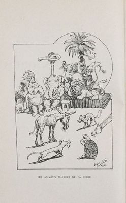 un vieux livre sur lequel figure un dessin représentant un groupe de personnes et d'animaux