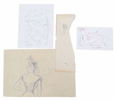 three drawings of a woman sitting on a chair next to a vase and a piece of paper