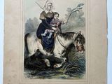 une vieille gravure représentant une femme à cheval avec un enfant sur le dos