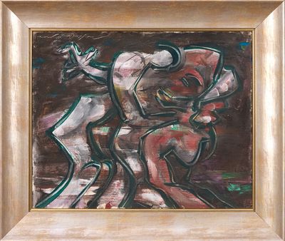 une peinture à l'huile représentant un homme tenant une batte de baseball sur un terrain