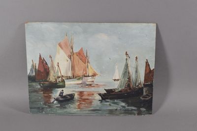 un tableau représentant des bateaux sur l'eau avec des personnes à bord