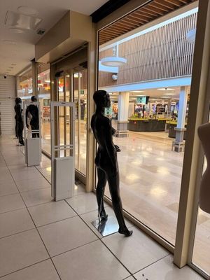 de nombreux mannequins dans la vitrine d'un magasin