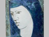 un tableau représentant une femme portant un sweat à capuche bleu